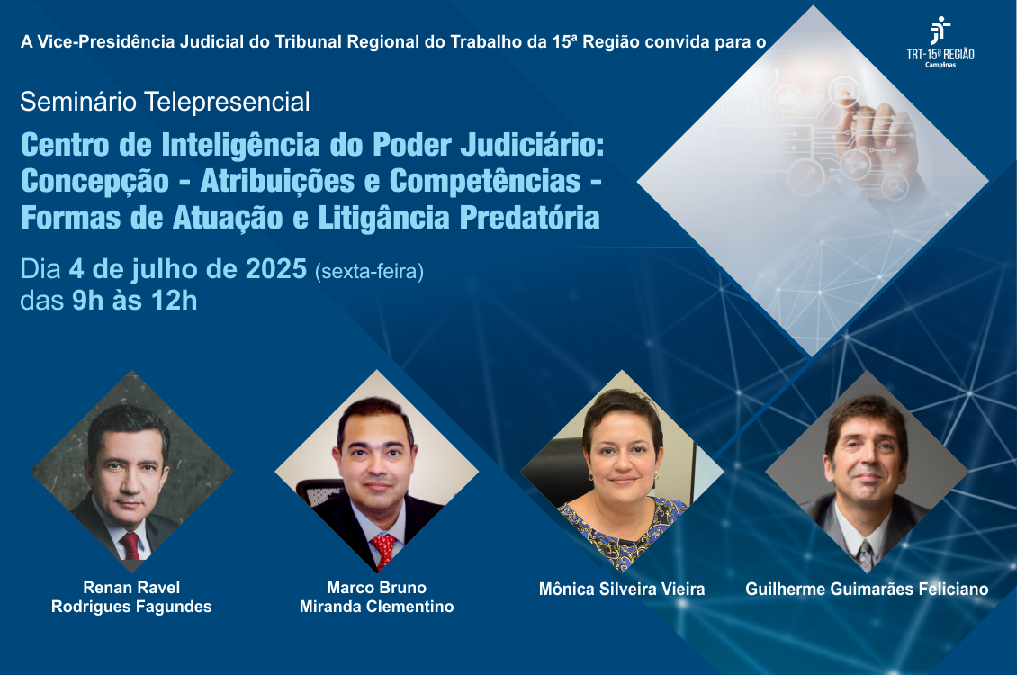 quadro de fundo azul, textos em azul mais claro com detalhes sobre o evento. Abaixo, foto dos quatro participantes.