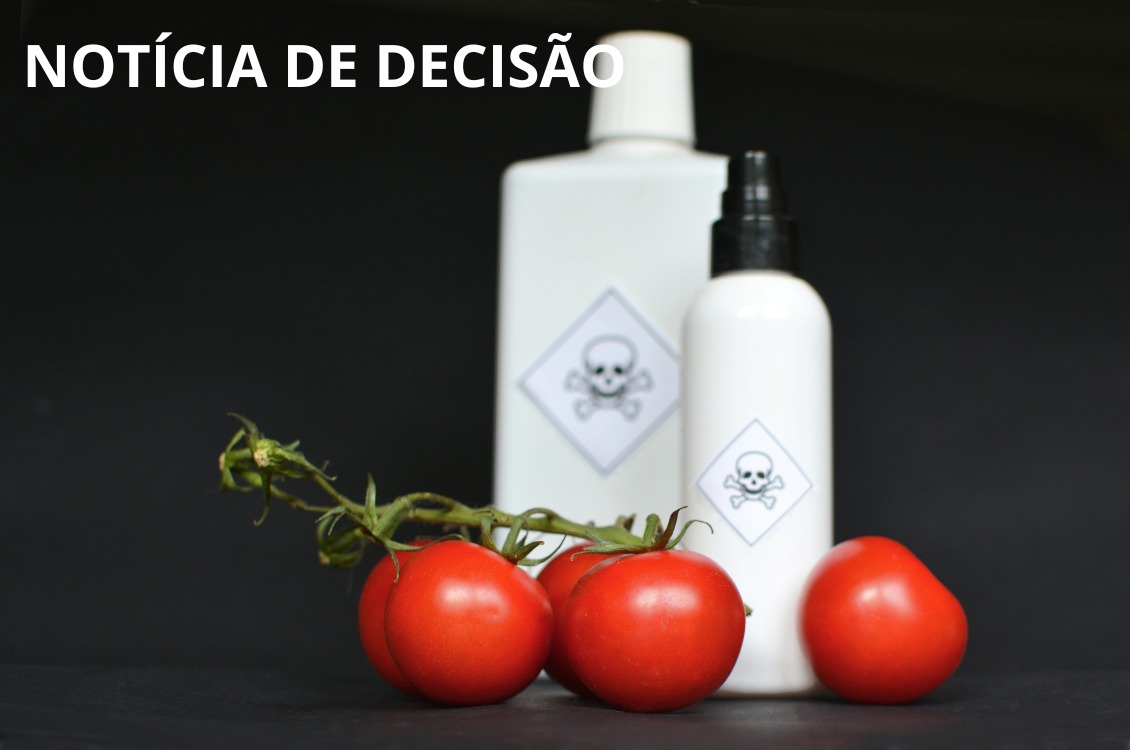 #ParaTodosVerem: fundo preto, dois frascos brancos com o símbolo de veneno e três tomates vermelhos