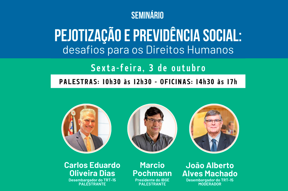 quadro azul e verde com dados do evento escrito em branco e fotos pequenas dos palestrantes