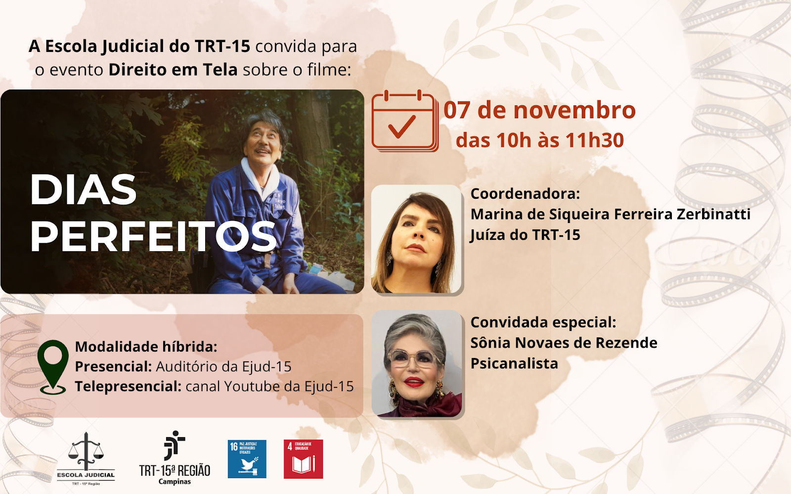 quadro em tons rosé com imagem do filme e informações do evento, com fotos das palestrantes