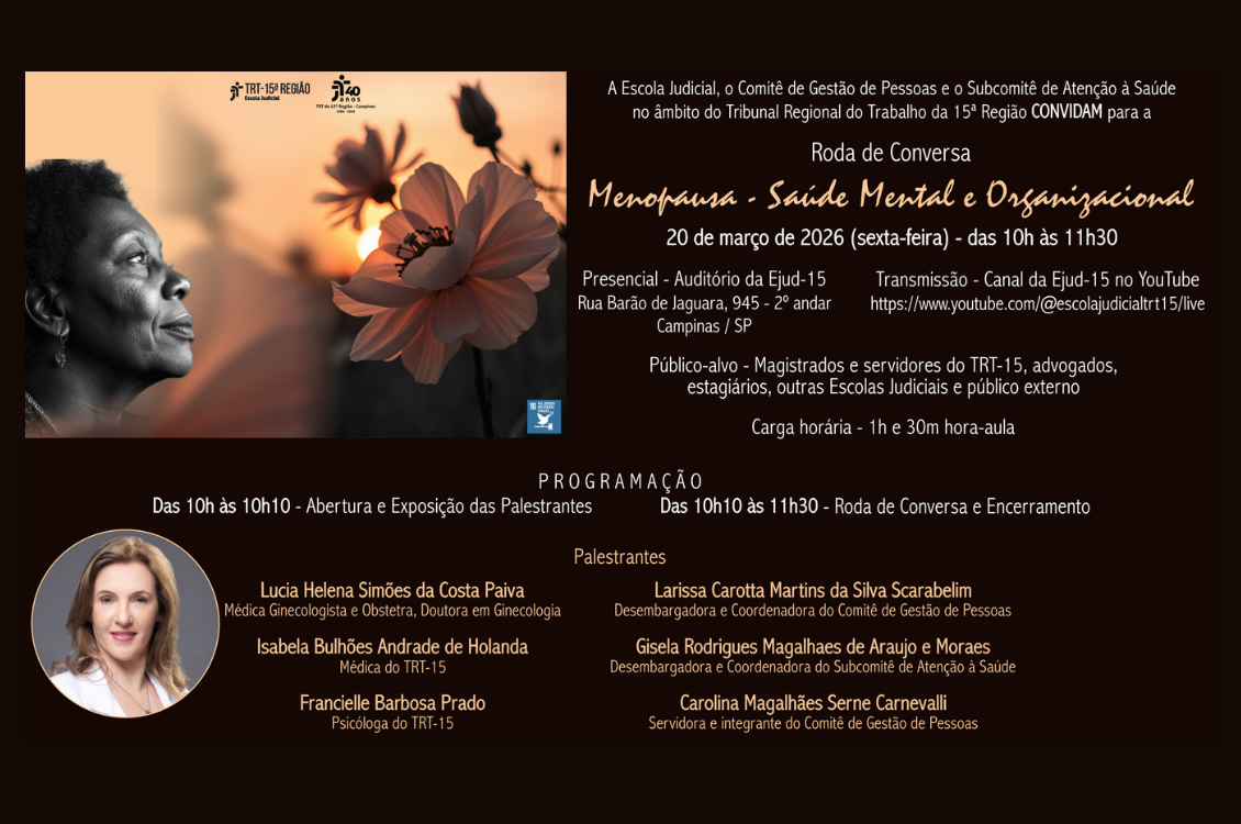 quadro de fundo preto com o detalhamento do evento e fotos. Uma no alto da página à esquerda da tela, com uma mulher negra próxima a flores, e outra da palestrante no rodapé, também à esquerda.