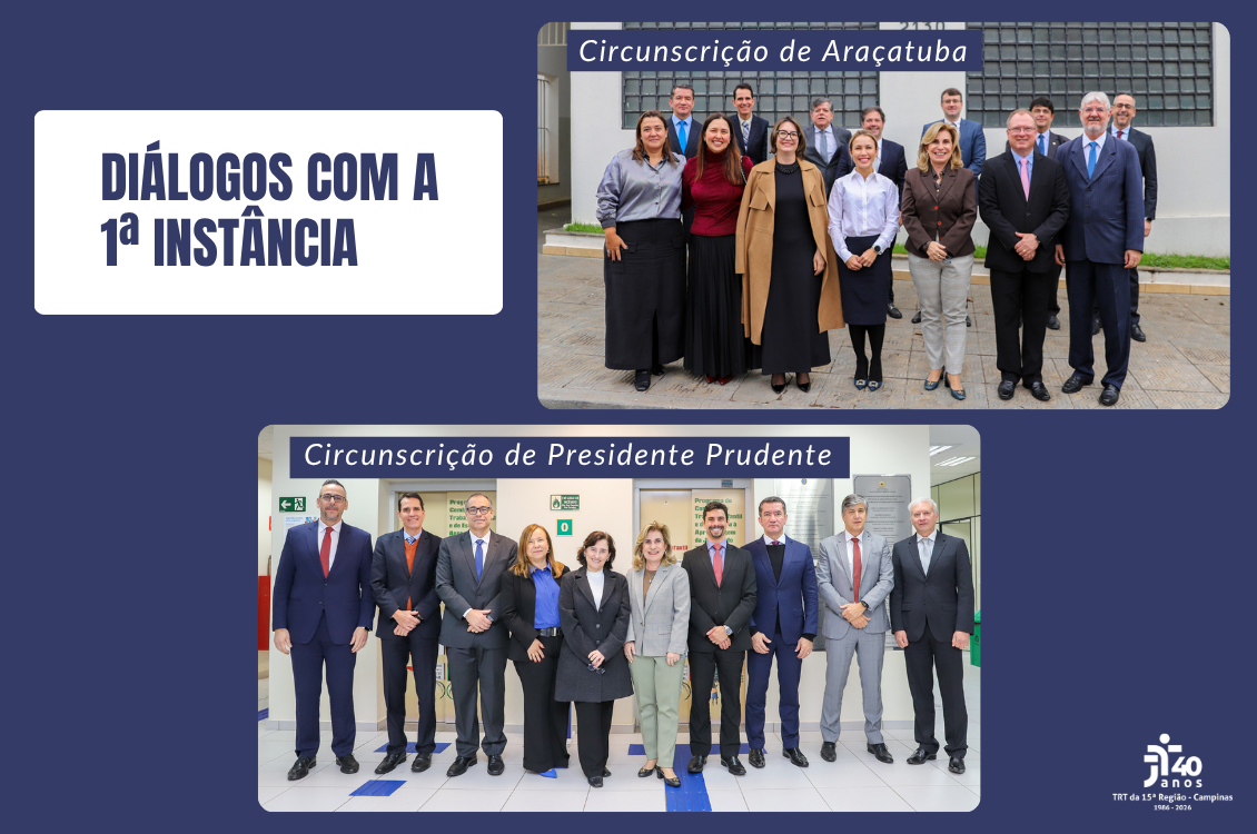 quadro azul com fotos de juízes das circunscrições de Araçatuba e Presidente Prudente, com caixa de texto branca e azul e os dizeres Diálogos com a 1ª Instância