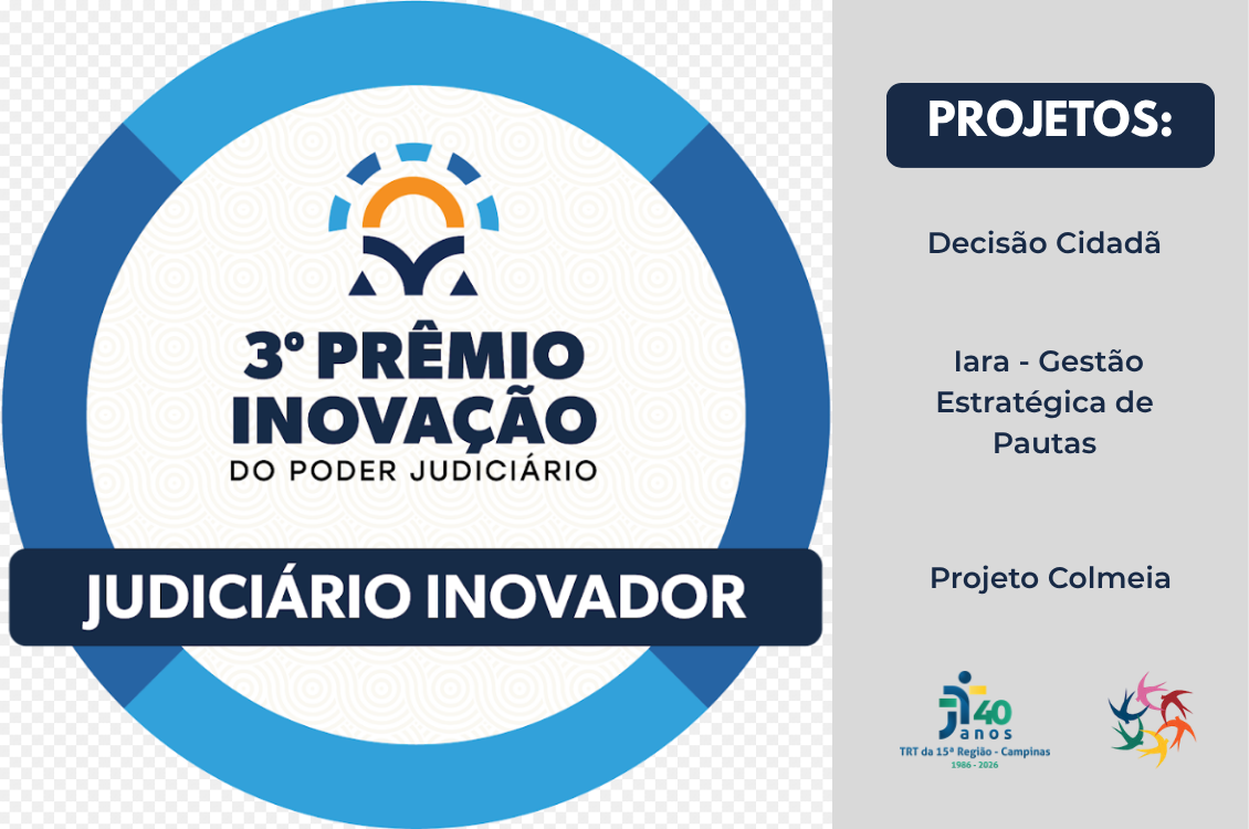 imagem do selo com grafismos e na lateral direita da tela uma tarja cinza com os nomes dos projetos contemplados do TRT-15